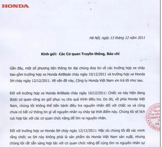 Công văn Honda Việt Nam trả lời báo điện tử Giáo Dục Việt Nam.